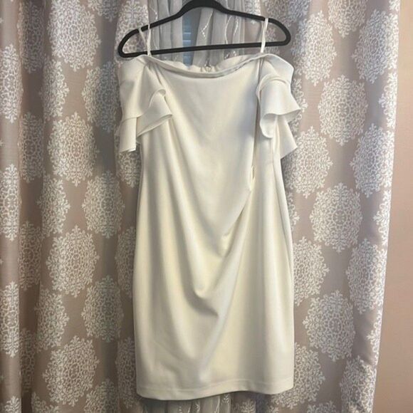 EUC Lauren Ralph Lauren Off-the-Shoulder Ruffle Crepe Dress | Size 16 - Picture 1 of 5